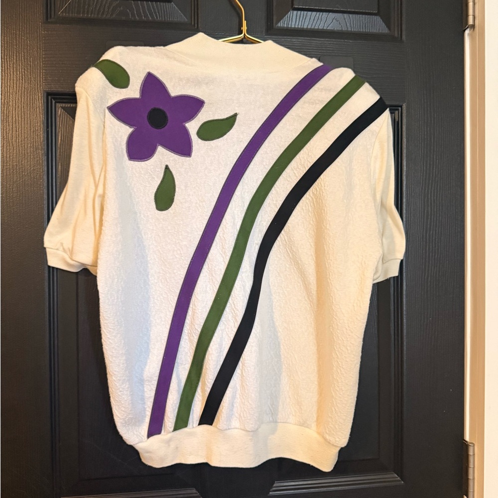 Vintage Cream Sweater with Purple Floral Design